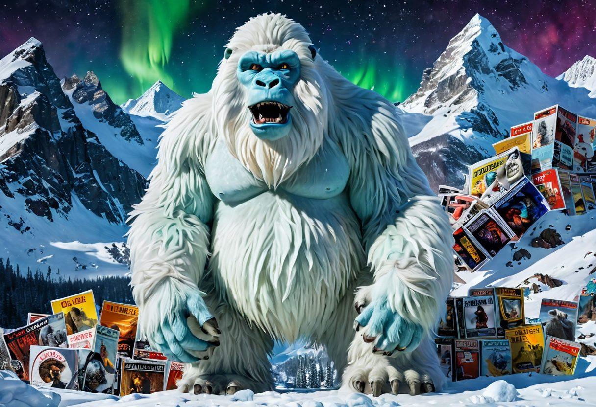 An eclectic collage showcasing a giant, whimsical yeti surrounded by film reels and movie posters, blending blockbuster hits with indie films. The background should feature a dramatic snowy mountain landscape, with a vibrant aurora overhead illuminating the scene. Incorporate various film genres represented visually, creating a sense of varied cinematic adventures. super-realistic. vibrant colors. dynamic composition.
