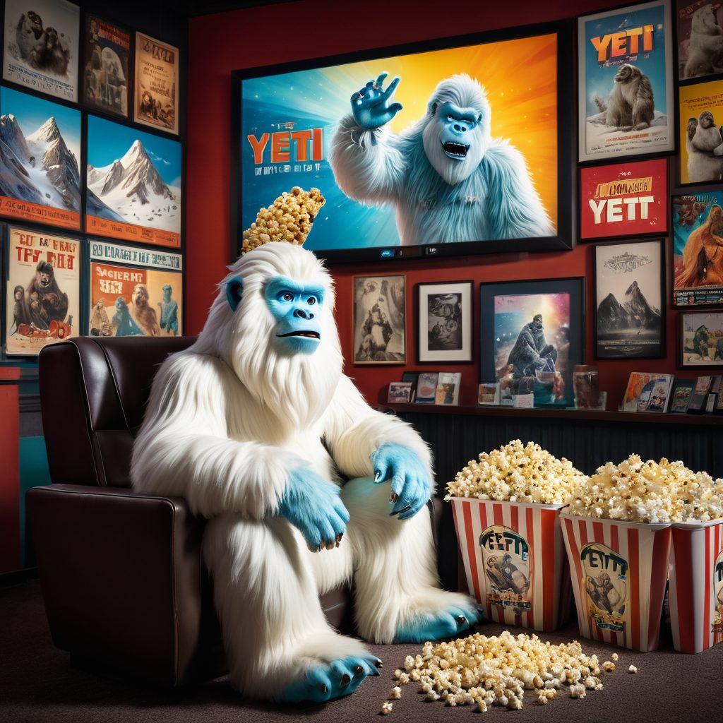 A whimsical scene featuring a yeti in a cinema hall, surrounded by movie posters of various yeti films throughout the years, blending vintage and modern aesthetics. Show film reels and popcorn scattered around, with a glowing screen displaying a classic yeti movie. The atmosphere is warm and nostalgic, highlighting the cultural impact of yeti in cinema. vibrant colors. retro style. cinematic lighting.